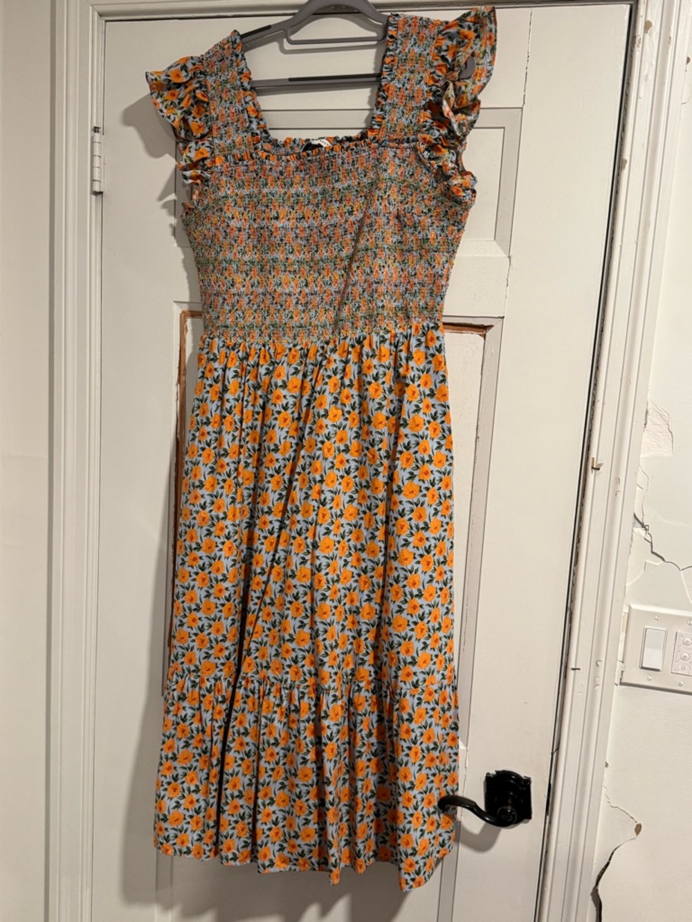 English Factory Sky Blue Floral Smocked Top with Orange and Green Print